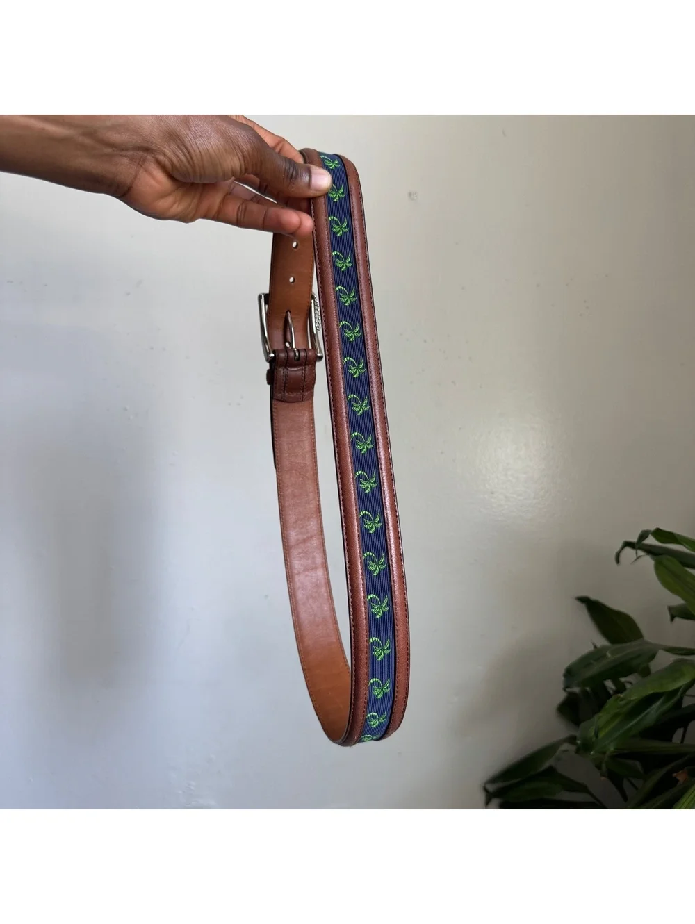 Vintage Preppy Embroidered Palm Tree Surcingle leather Belt fits like L
